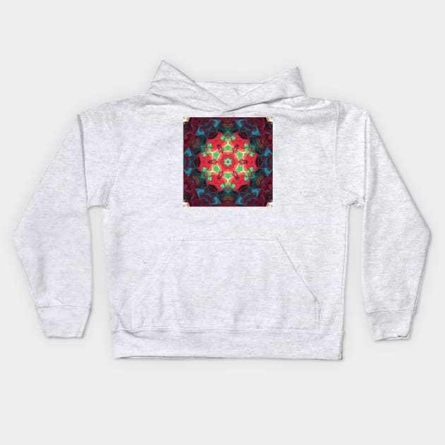 Mosaic Mandala Flower Red Teal and Blue Kids Hoodie by WormholeOrbital